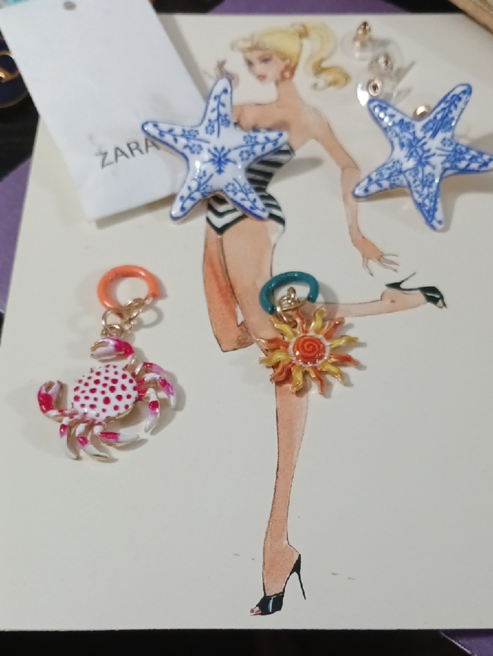 Zara Pink Crab, Blue Starfish & Sun Charm Earring Set Of 4 U.K.